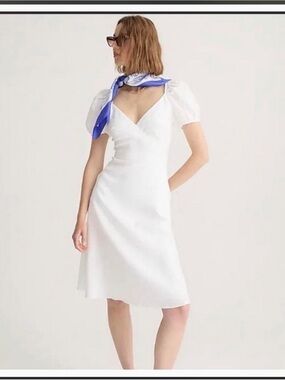 J. Crew White Puff-Sleeve V-Neck Midi Dress